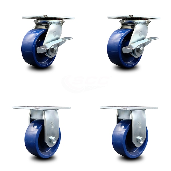 5 Inch Solid Poly Caster Set with Ball Bearing 2 Brakes and 2 Rigid SCC